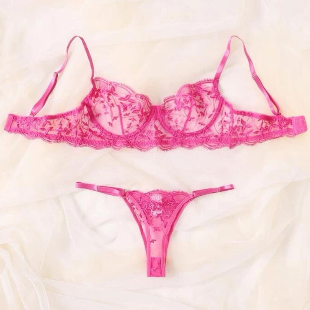 Hot Pink Floral Lace Bra and Thong